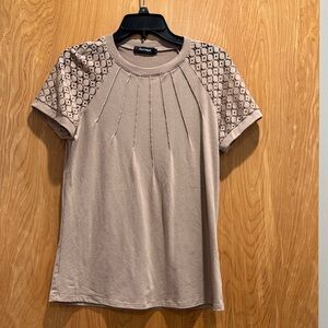 Elegant Tan Short Sleeve Top with Lace Detail